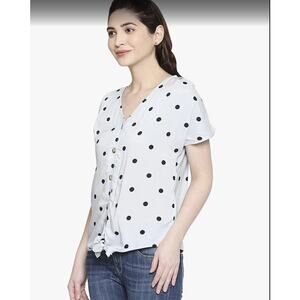 LOFT Black White Polka Dot Tie-Front Button Down Blouse - Size M